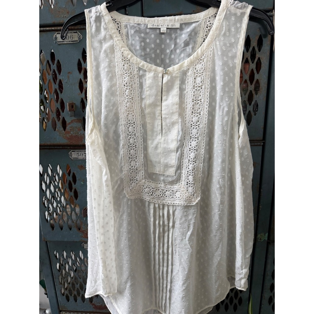 Daniel Rainn Ivory Swiss Dot Crochet Lace Trim Sleeveless Blouse Large 14103PD2